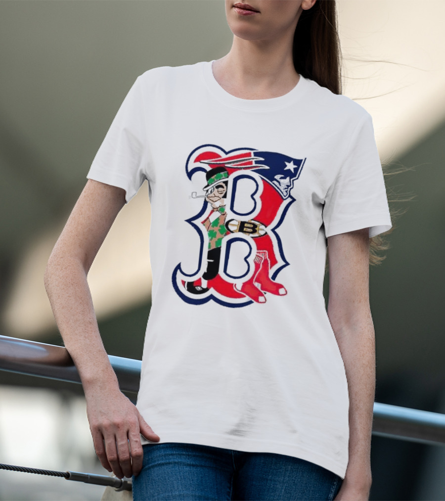 Boston Red Sox B Mashup With Patriots Bruins Celtics Symbols T-Shirt