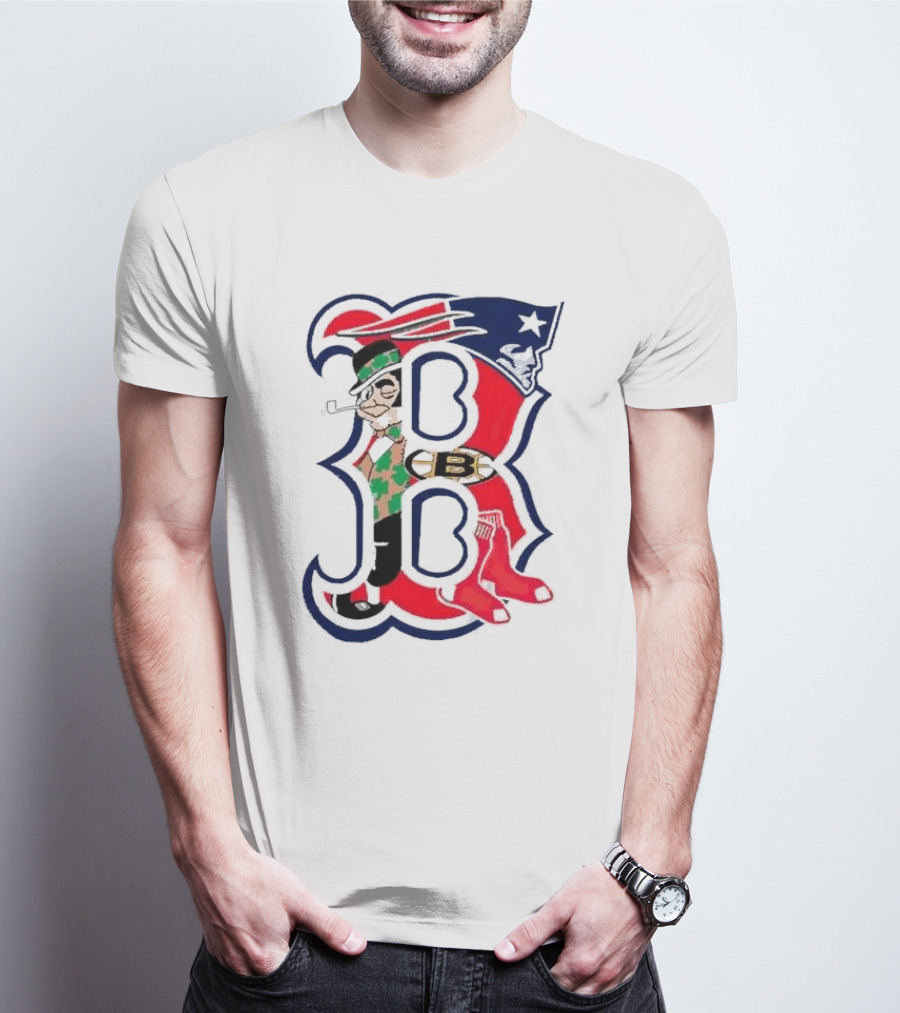 Boston Red Sox B Mashup With Patriots Bruins Celtics Symbols T-Shirt