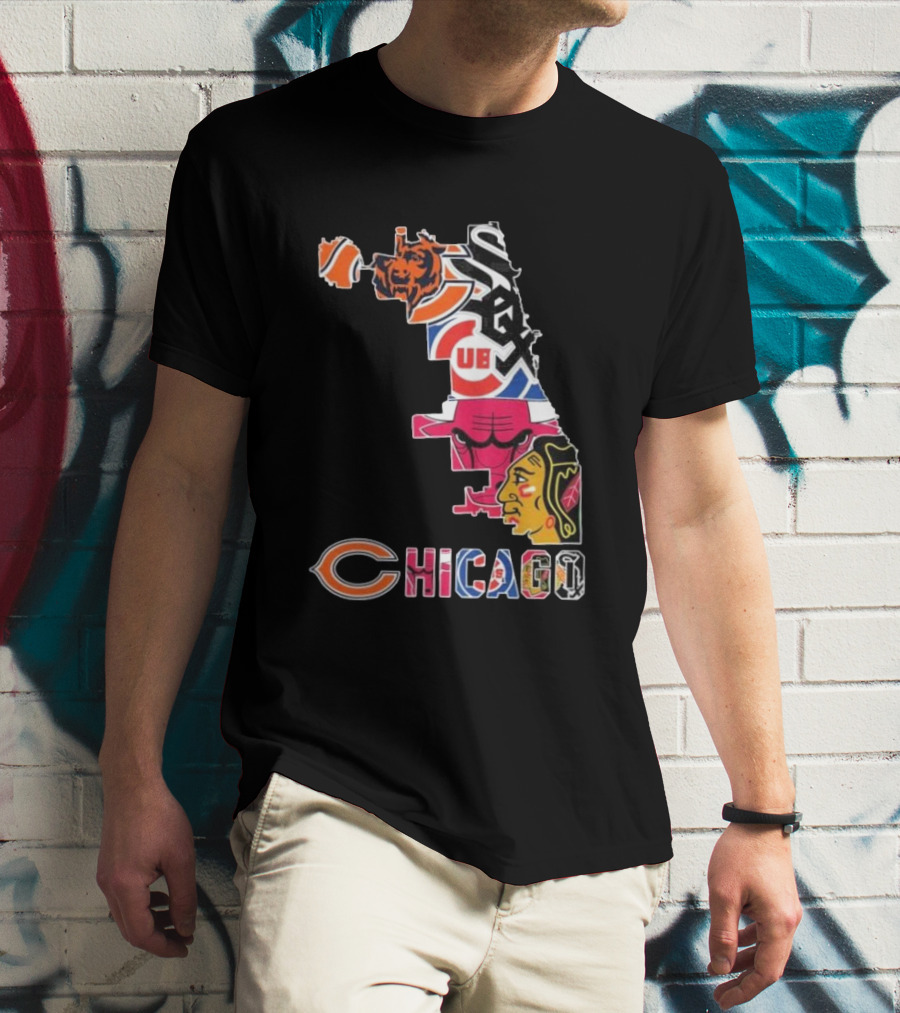 Chicago Cubs White Sox Bulls Bears Blackhawks Maps T-Shirt
