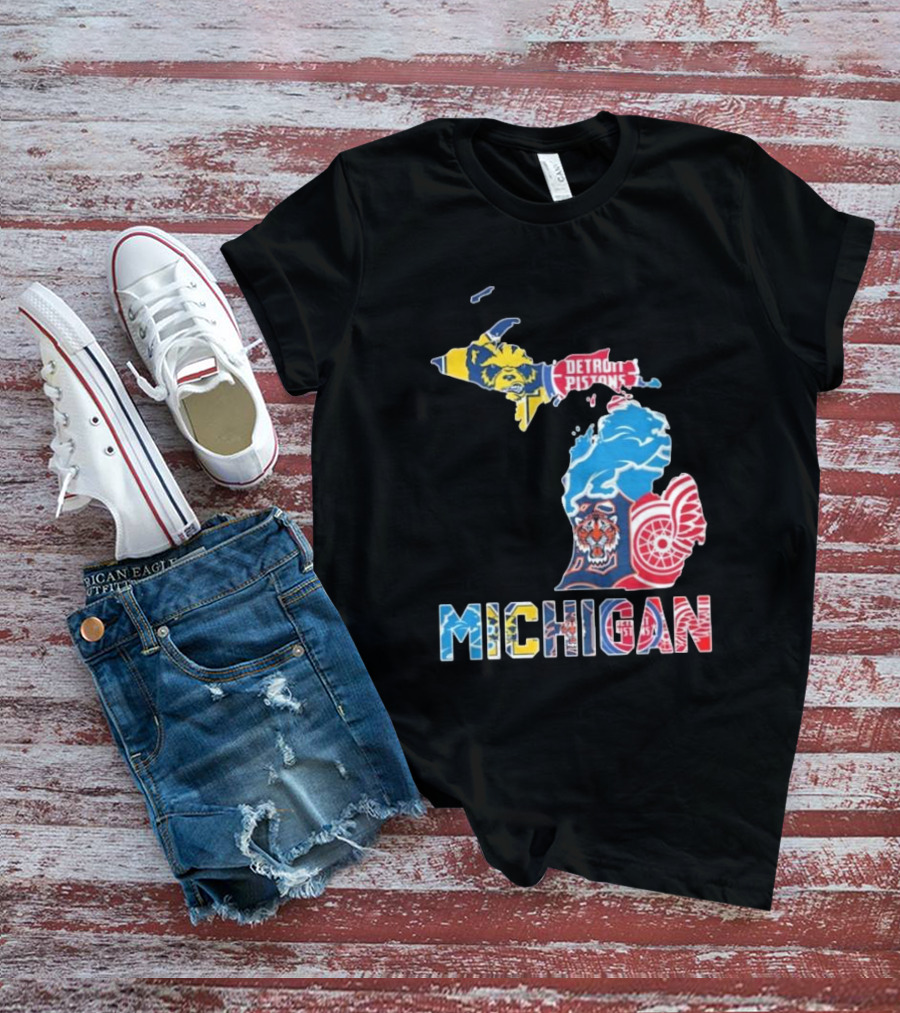 Michigan Wolverines Detroit Tigers Lions Pistons Red Wings Map T-Shirt