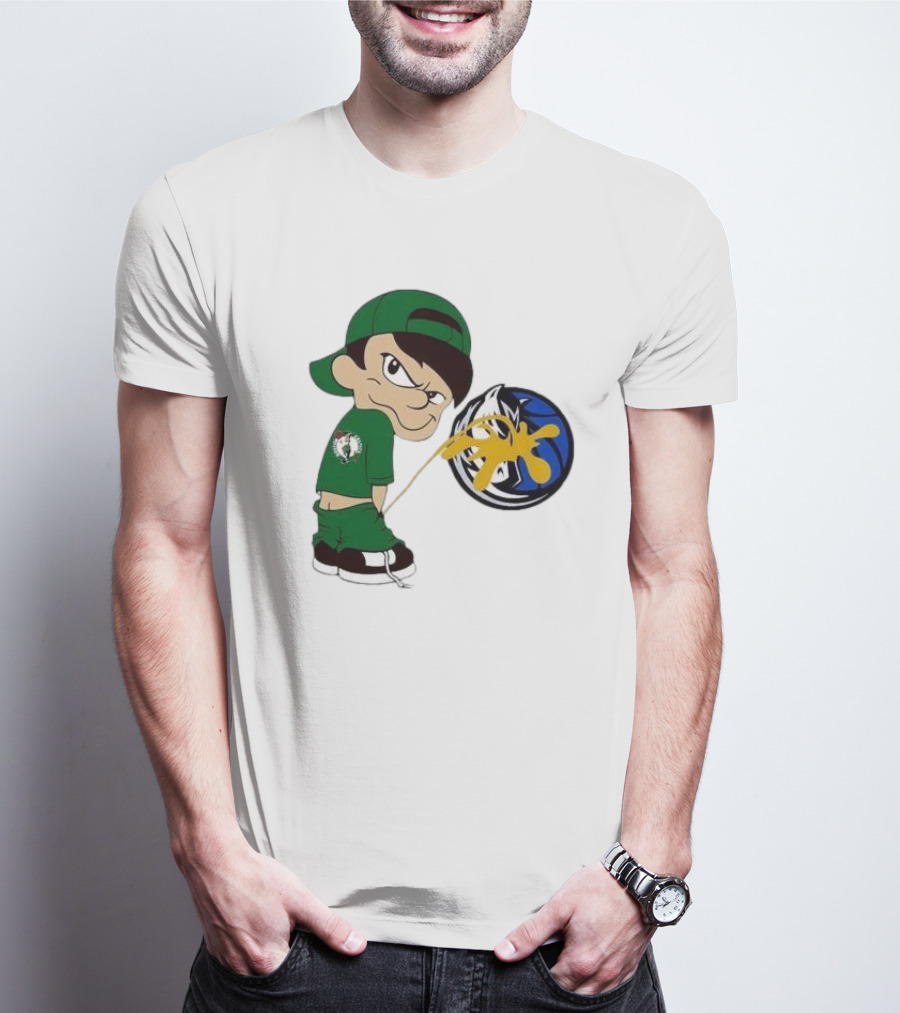 Little Boy Boston Celtics Piss On Dallas Mavericks Logo T-Shirt