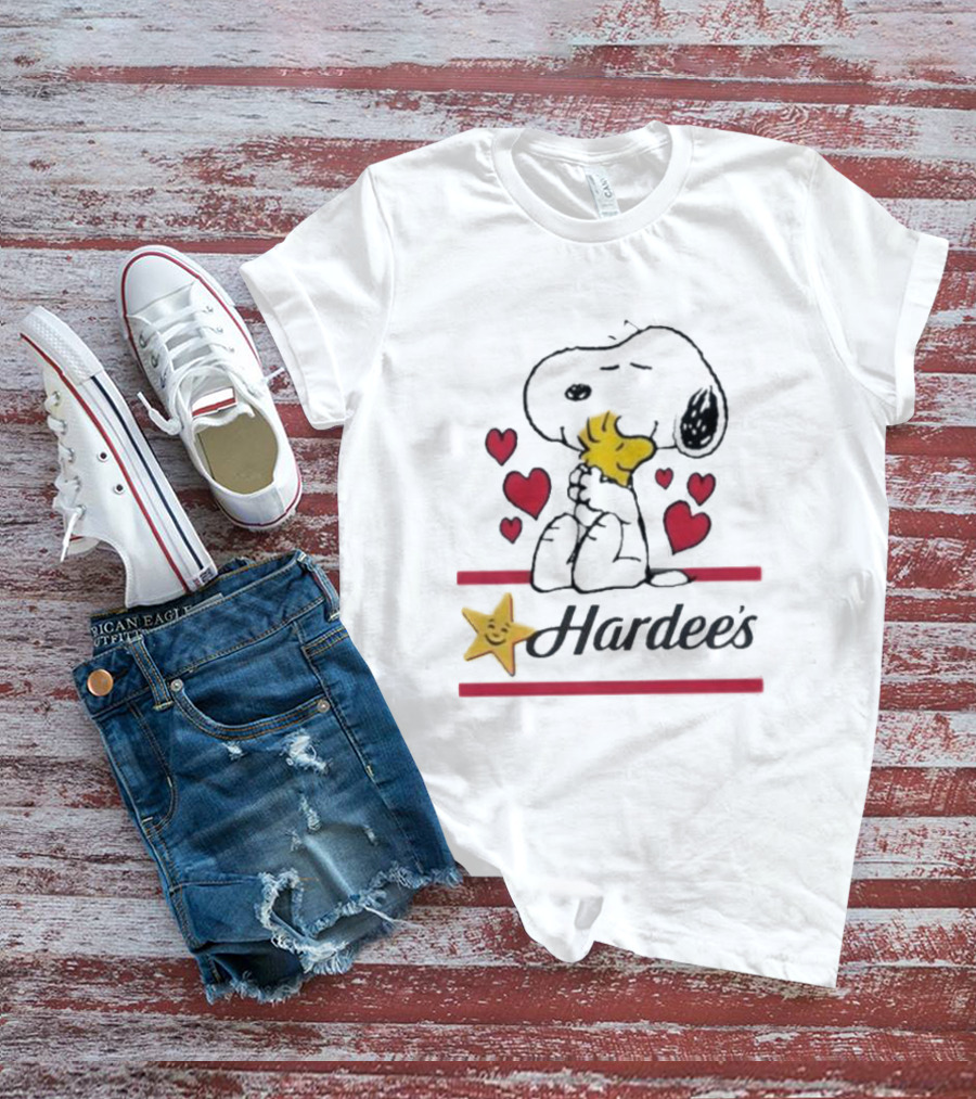 Snoopy And Woodstock Loving Hardee's With Hearts And Star T-Shirt
