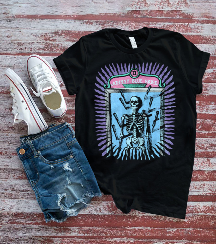 Johnny Blue Skies Skeleton Framed With Knives And Purple Aura T-Shirt