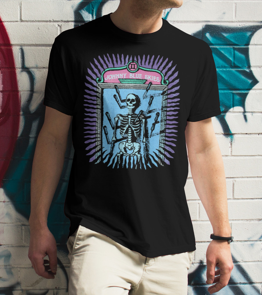 Johnny Blue Skies Skeleton Framed With Knives And Purple Aura T-Shirt