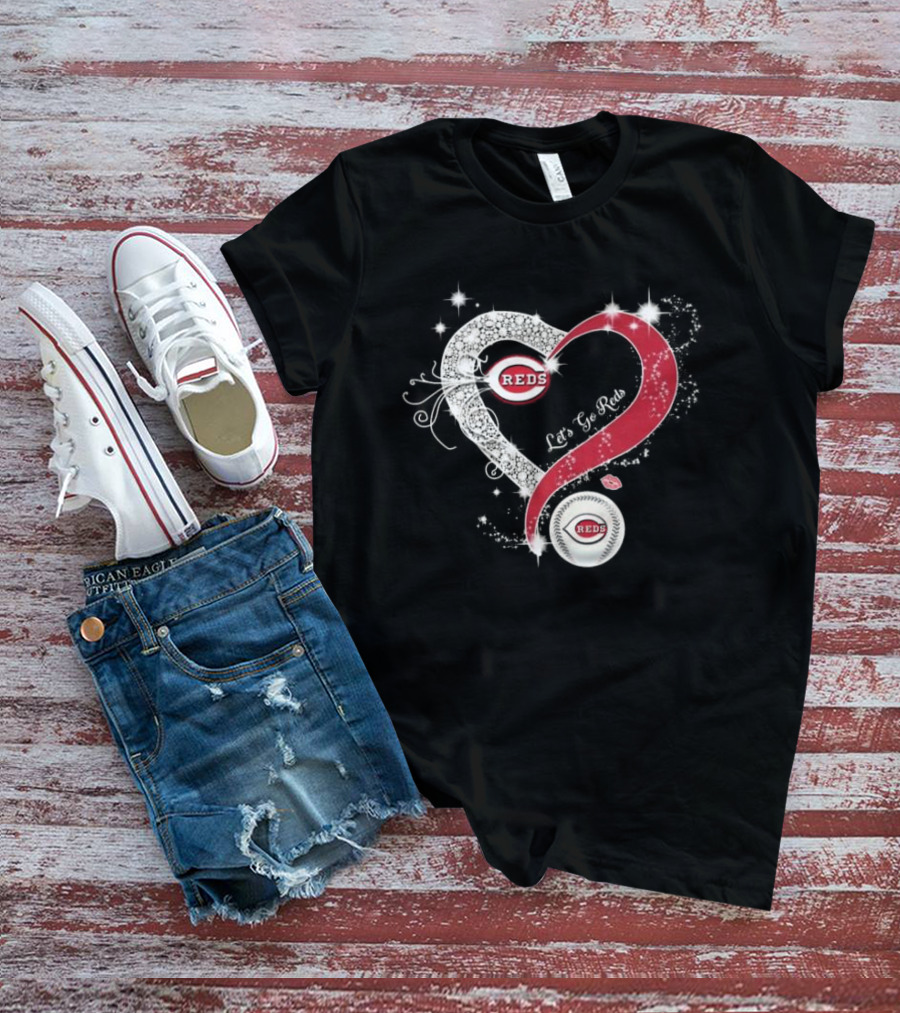 Cincinnati Reds Heart Emblem Let's Go Reds Sparkling T-Shirt