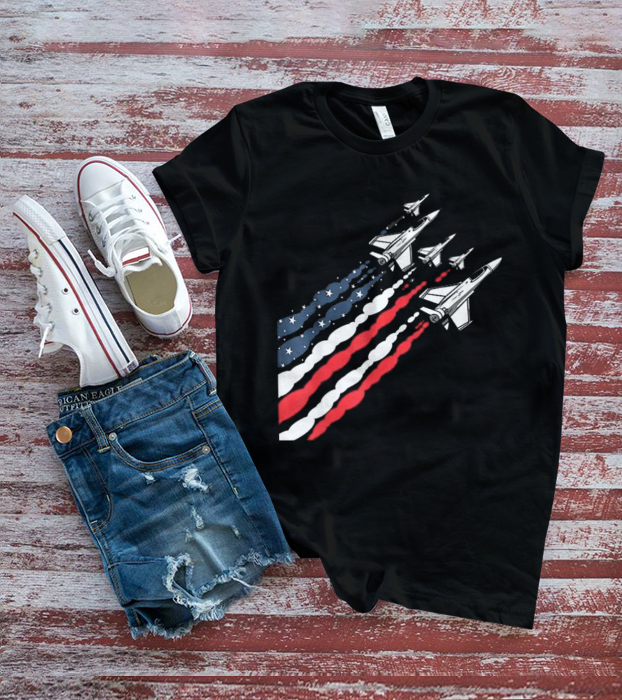 Vintage Patriotic Fighter Jet Airplane With American Flag Trail T-Shirt