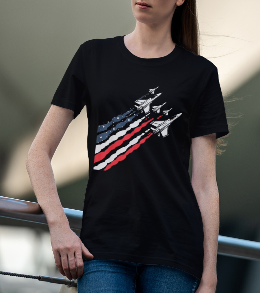 Vintage Patriotic Fighter Jet Airplane With American Flag Trail T-Shirt