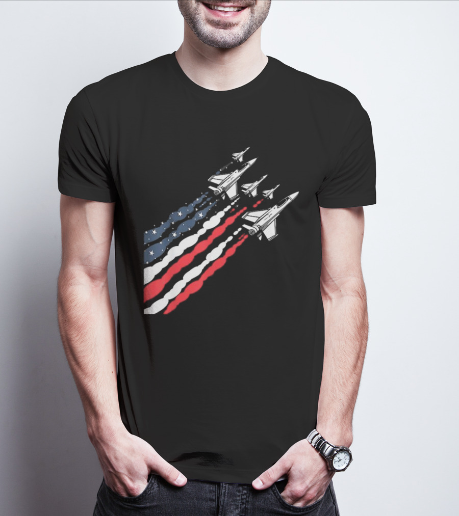 Vintage Patriotic Fighter Jet Airplane With American Flag Trail T-Shirt