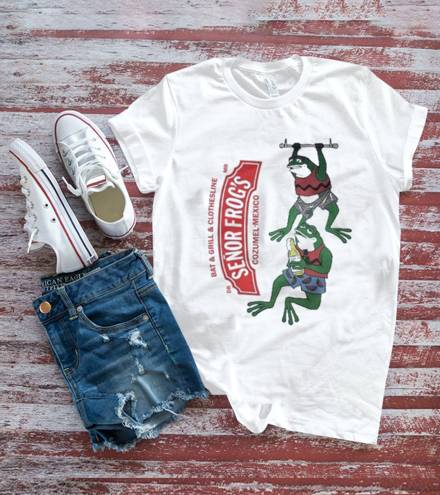 Senor Frog's Cozumel Mexico Bar And Grill Clothesline With Frogs In Striped Shirts And Shorts With Beer And Weights T-Shirt