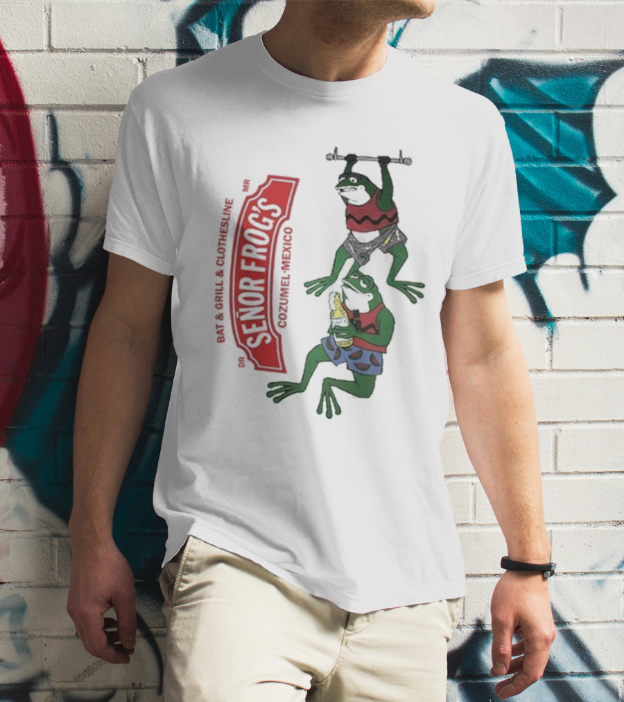 Senor Frog's Cozumel Mexico Bar And Grill Clothesline With Frogs In Striped Shirts And Shorts With Beer And Weights T-Shirt