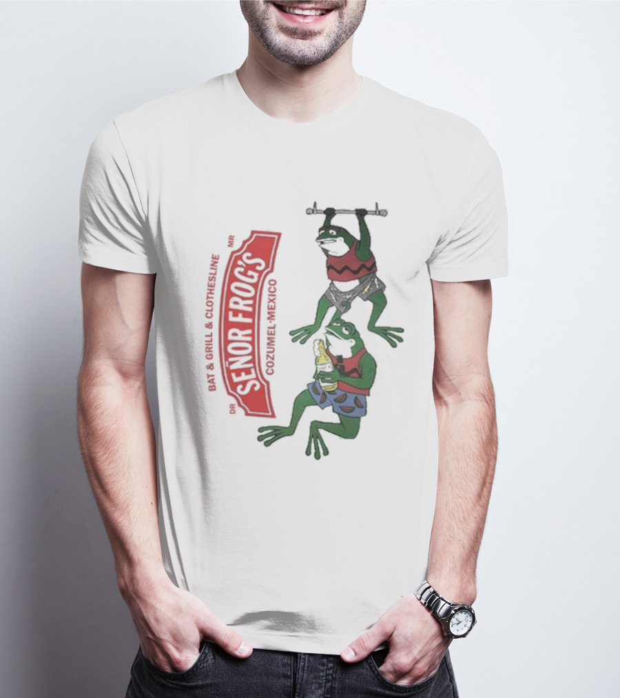 Senor Frog's Cozumel Mexico Bar And Grill Clothesline With Frogs In Striped Shirts And Shorts With Beer And Weights T-Shirt