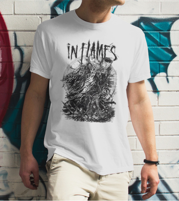 In Flames Cloaked Ghoul Dark Shrouded Figure With Clock Background T-Shirt