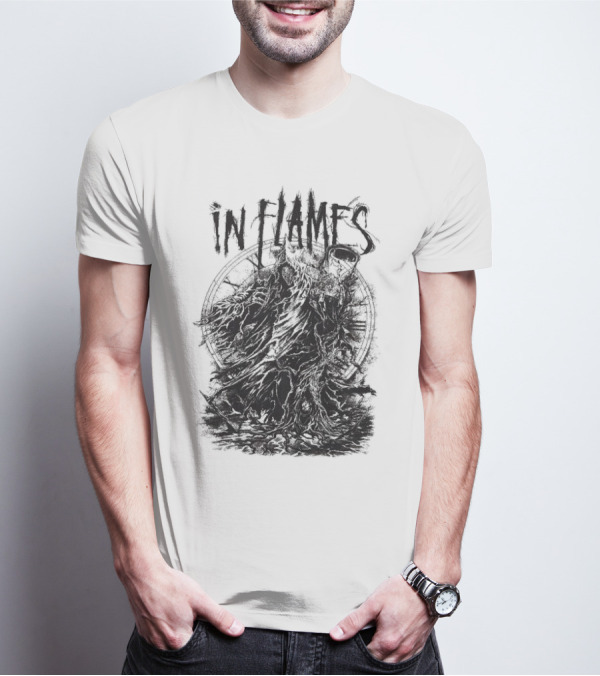 In Flames Cloaked Ghoul Dark Shrouded Figure With Clock Background T-Shirt