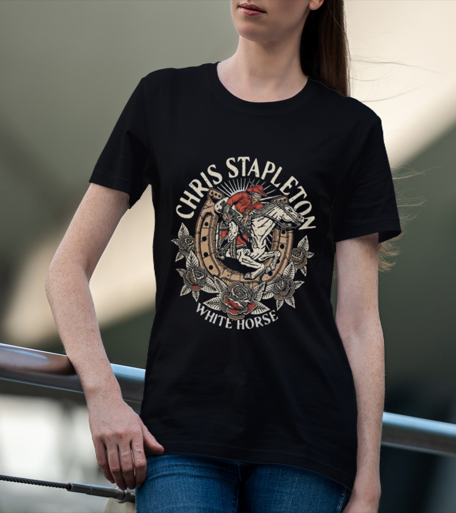 Chris Stapleton White Horse Cowboy Riding With Roses T-Shirt