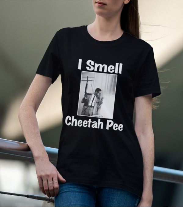 I Smell Cheetah Pee Man Holding Gun By Window T-Shirt