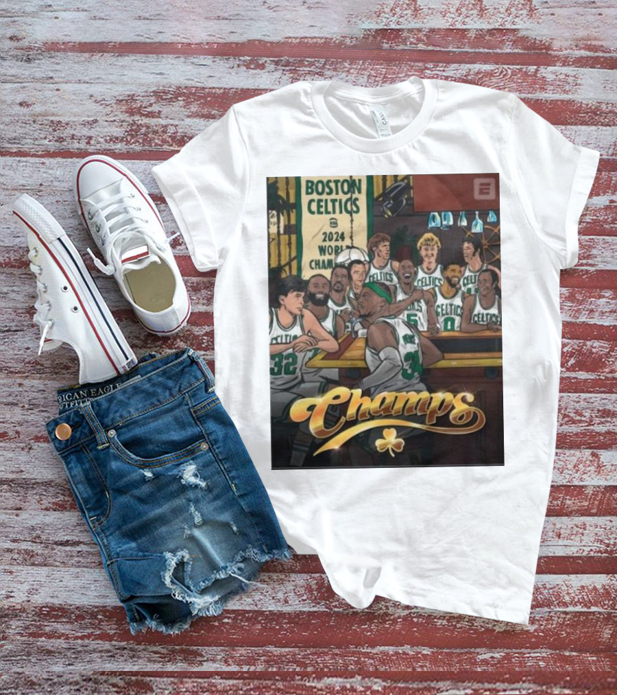 BOSTON CELTICS 2024 WORLD CHAMPS CELEBRATION WITH CHAMPS LETTERING AND CLOVERLEAF T-Shirt