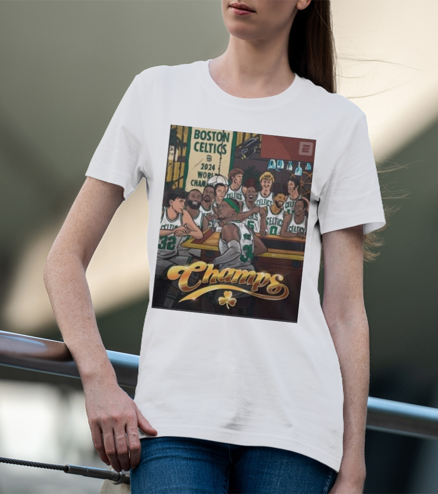 BOSTON CELTICS 2024 WORLD CHAMPS CELEBRATION WITH CHAMPS LETTERING AND CLOVERLEAF T-Shirt