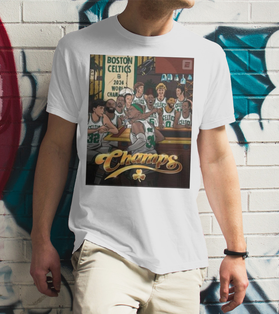 BOSTON CELTICS 2024 WORLD CHAMPS CELEBRATION WITH CHAMPS LETTERING AND CLOVERLEAF T-Shirt