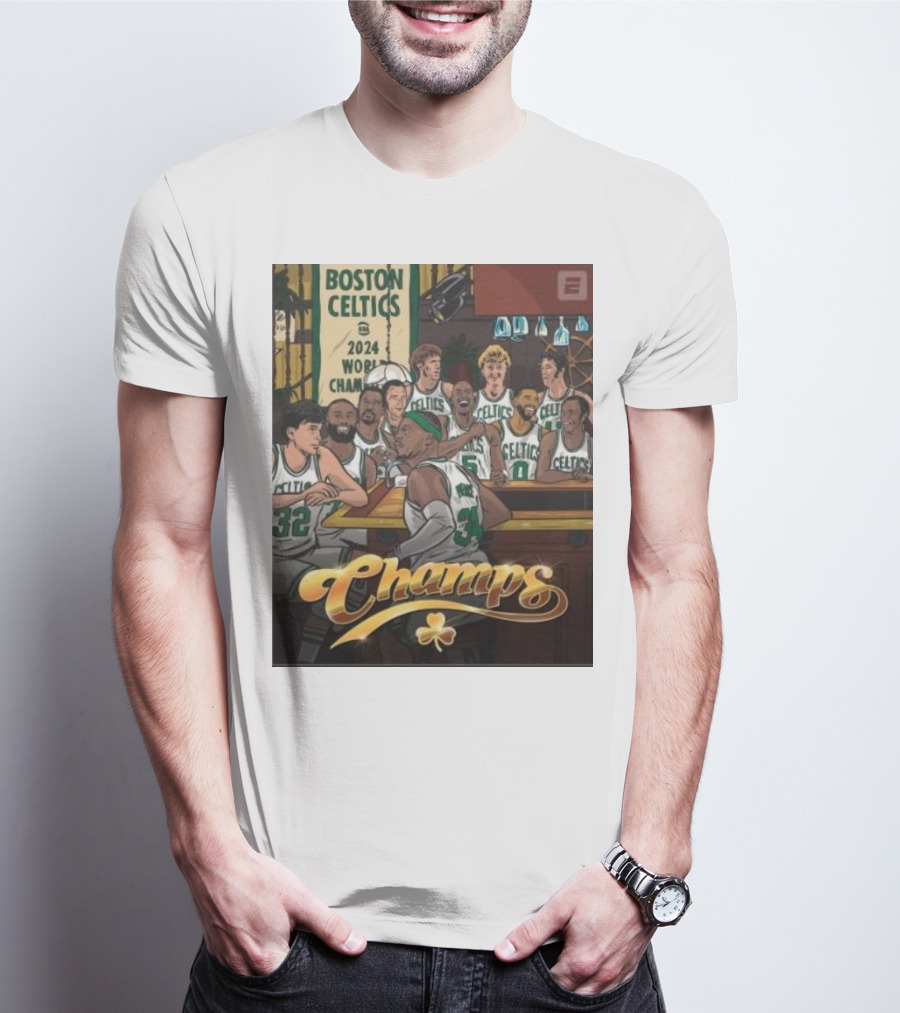 BOSTON CELTICS 2024 WORLD CHAMPS CELEBRATION WITH CHAMPS LETTERING AND CLOVERLEAF T-Shirt