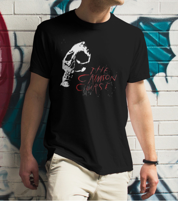 The Crimson Curse Skull White And Red Text With Skull T-Shirt