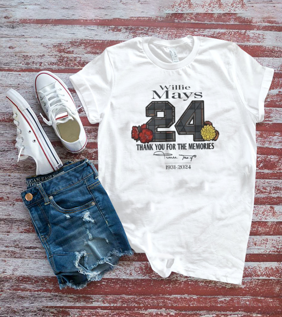 Willie Mays 24 Thank You For The Memories Signature 1931-2024 T-Shirt