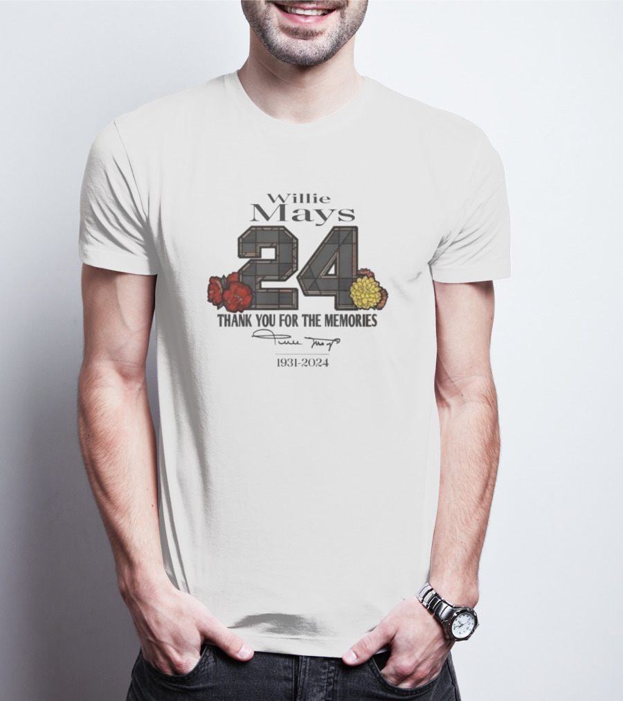 Willie Mays 24 Thank You For The Memories Signature 1931-2024 T-Shirt