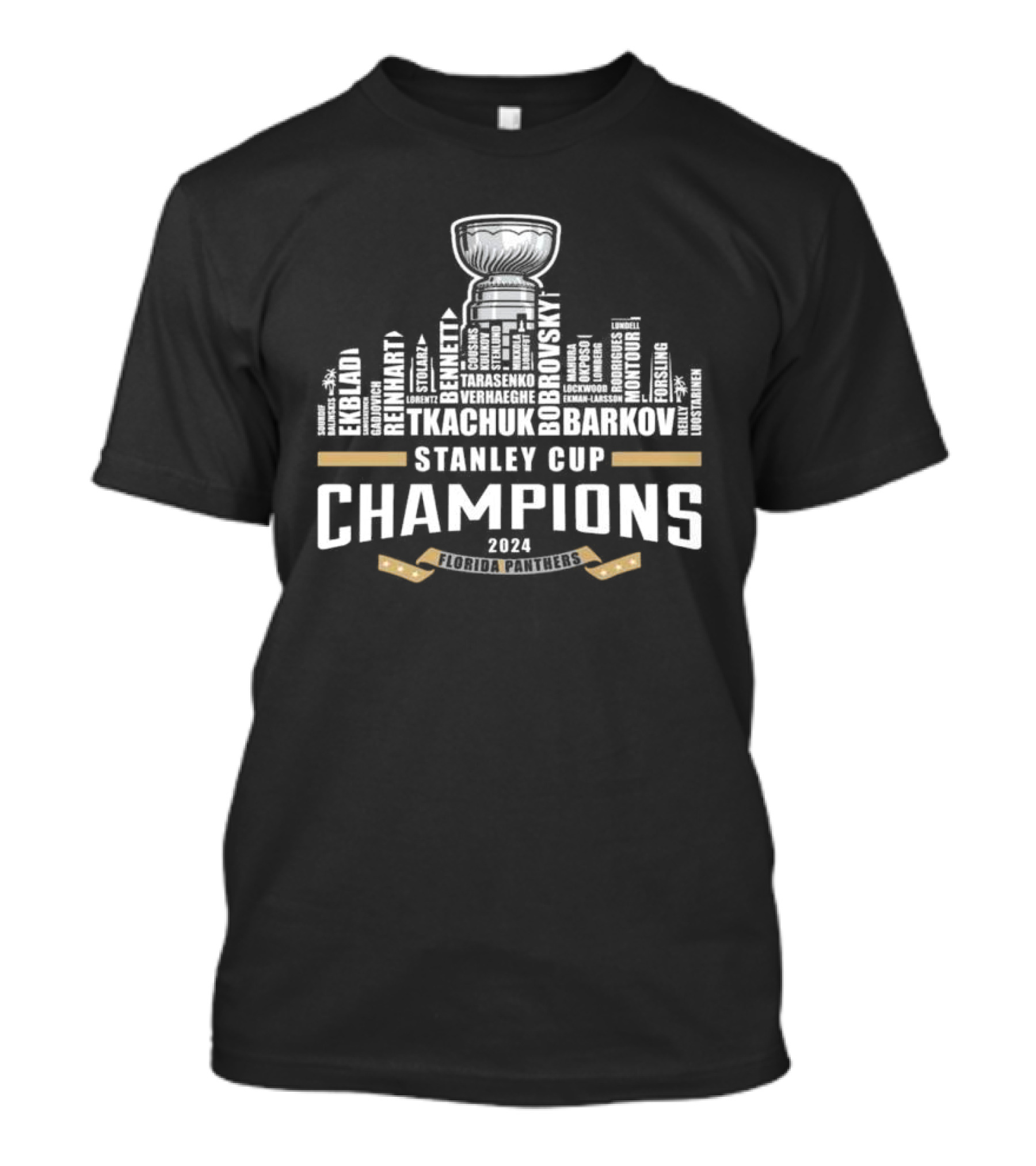 Florida Panthers Stanley Cup 2024 Champions Tkachuk Barkov Ekblad Reinhart Bobrovsky Player Names Skyline T-Shirt