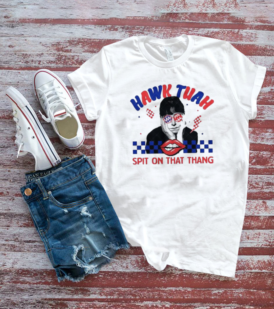 Hawk Tuah Spit On That Thang Lip Checkered Sunglasses T-Shirt