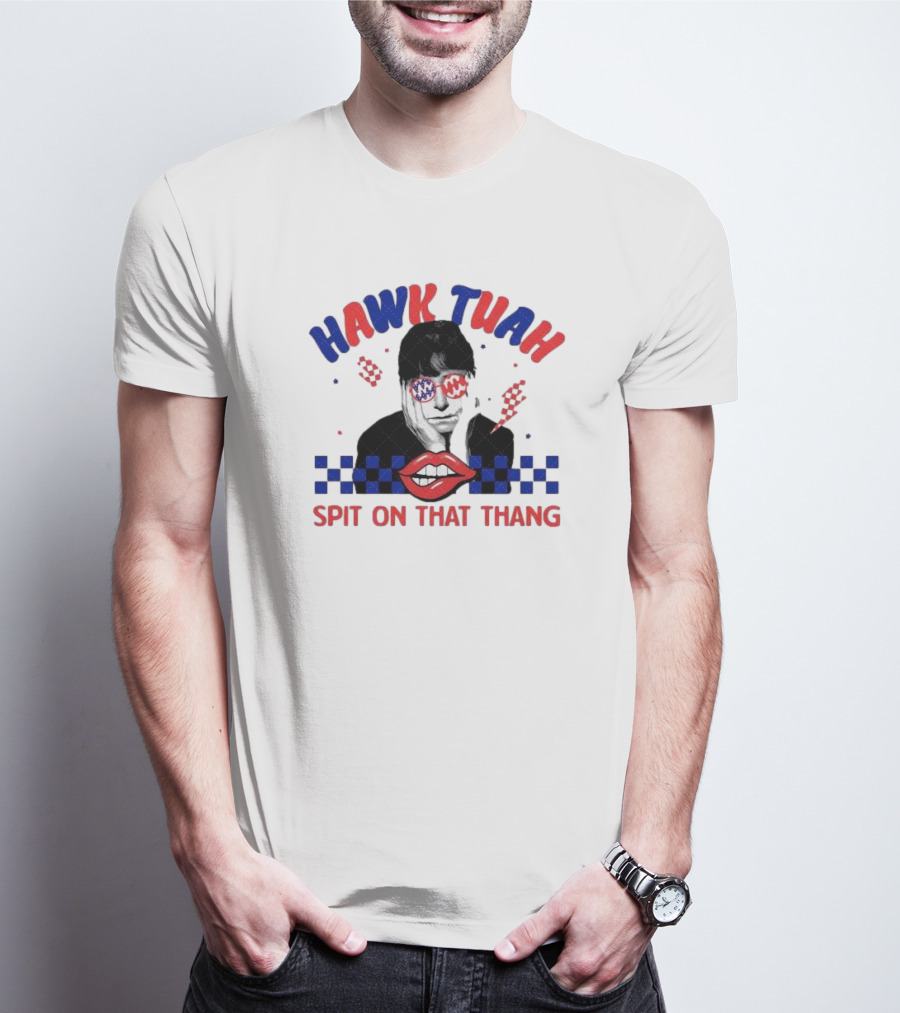 Hawk Tuah Spit On That Thang Lip Checkered Sunglasses T-Shirt