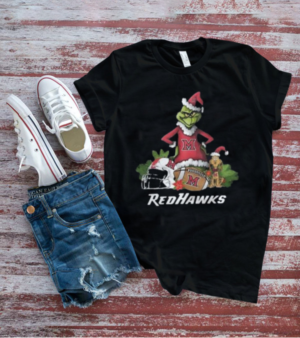 Grinch Santa And Dog With Miami RedHawks Rugby Helmet Merry Christmas T-Shirt