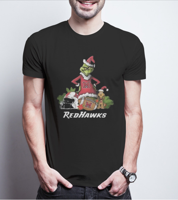 Grinch Santa And Dog With Miami RedHawks Rugby Helmet Merry Christmas T-Shirt