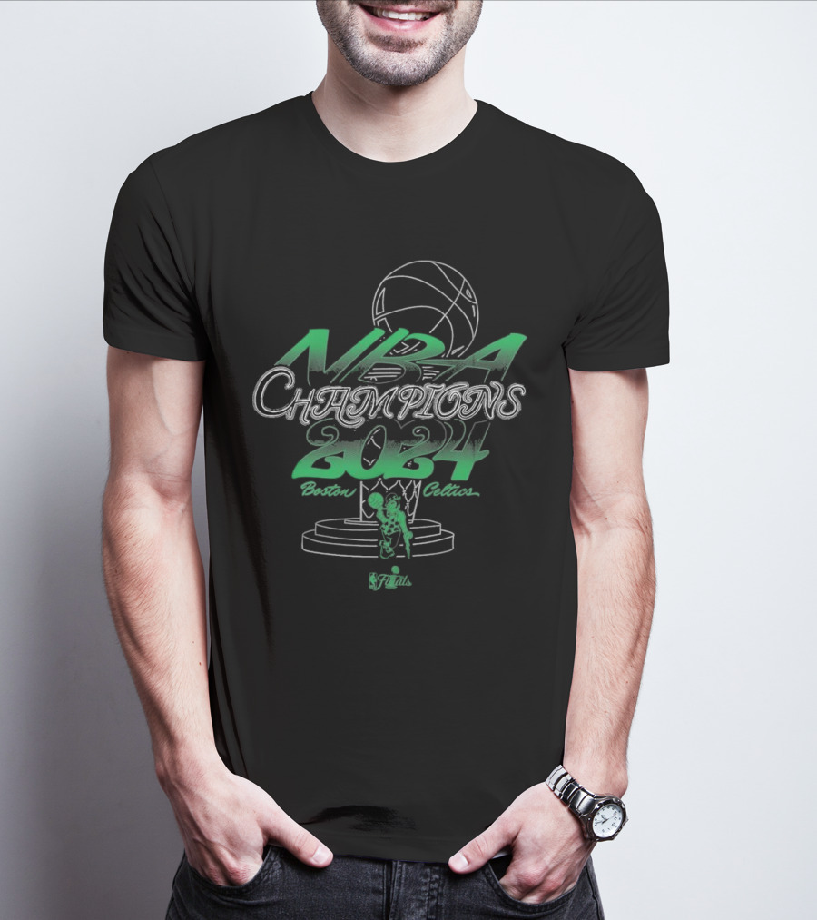 NBA Champions 2024 Boston Celtics Fadeaway Wash Trophy Basketball T-Shirt
