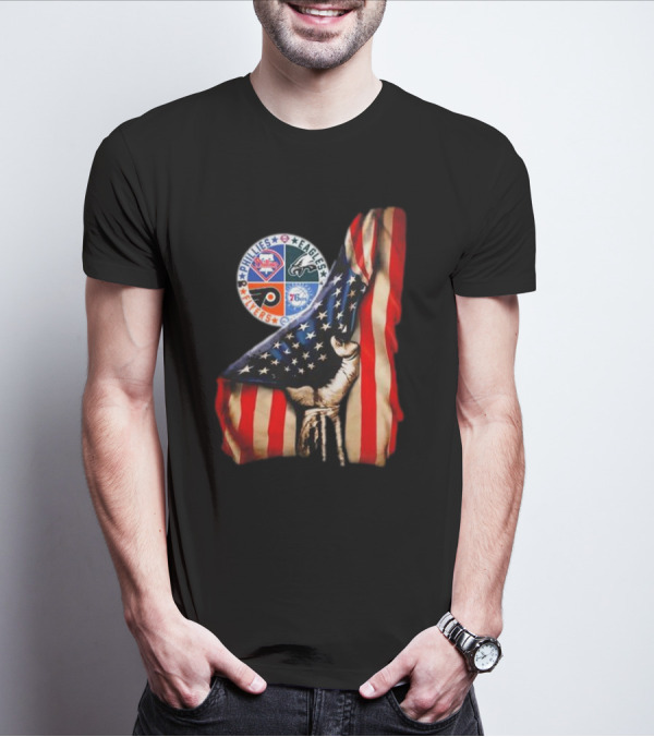 Philadelphia Phillies Eagles Flyers 76ers Hand Pulling American Flag T-Shirt