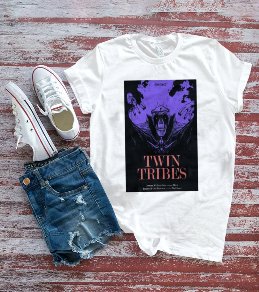 Twin Tribes January 30 2024 Santa Cruz Show Poster With Gothic Skull Motif And Hands T-Shirt