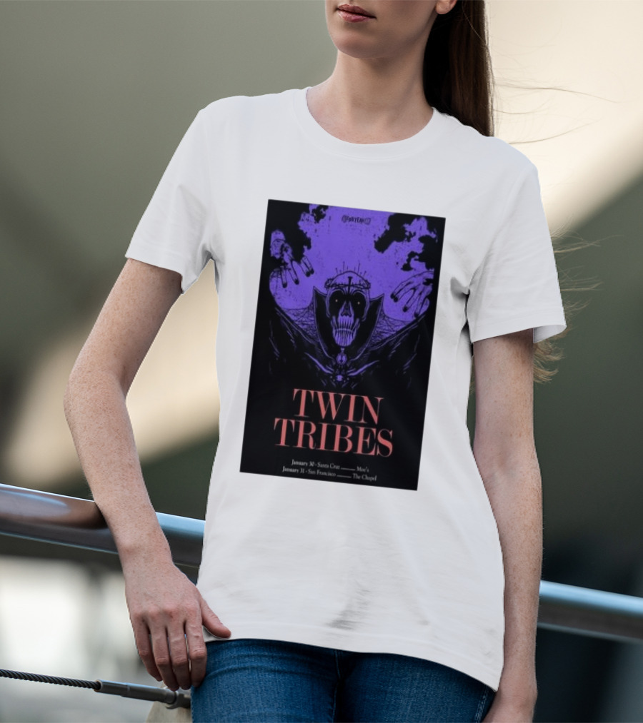 Twin Tribes January 30 2024 Santa Cruz Show Poster With Gothic Skull Motif And Hands T-Shirt