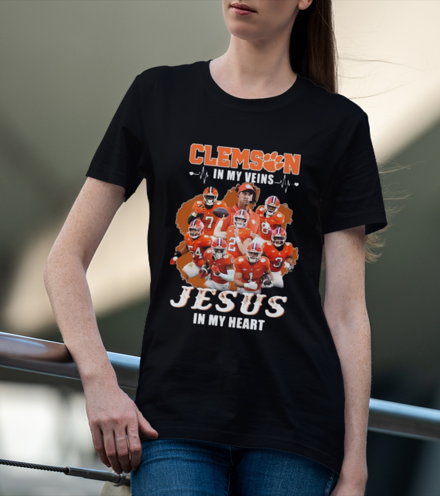 Clemson In My Veins Jesus In My Heart Football Team Collage T-Shirt