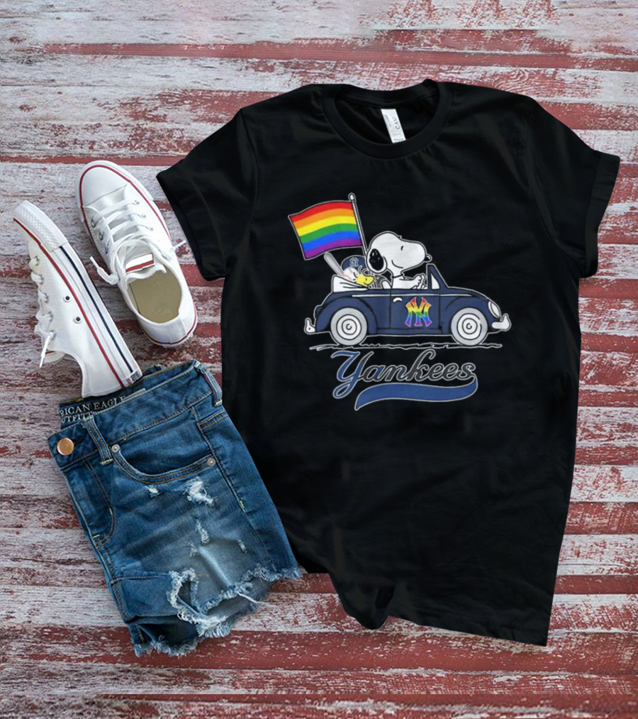 Snoopy And Woodstock Driving Car With Pride Flag New York Yankees T-Shirt