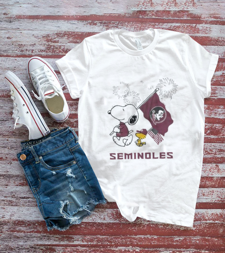 Snoopy Woodstock Holding Florida State Seminoles Flag Happy 4th Of July T-Shirt