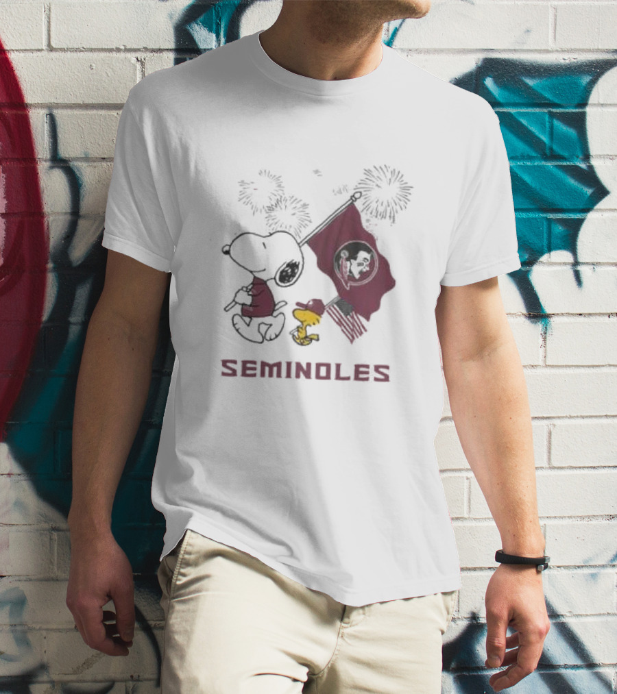 Snoopy Woodstock Holding Florida State Seminoles Flag Happy 4th Of July T-Shirt