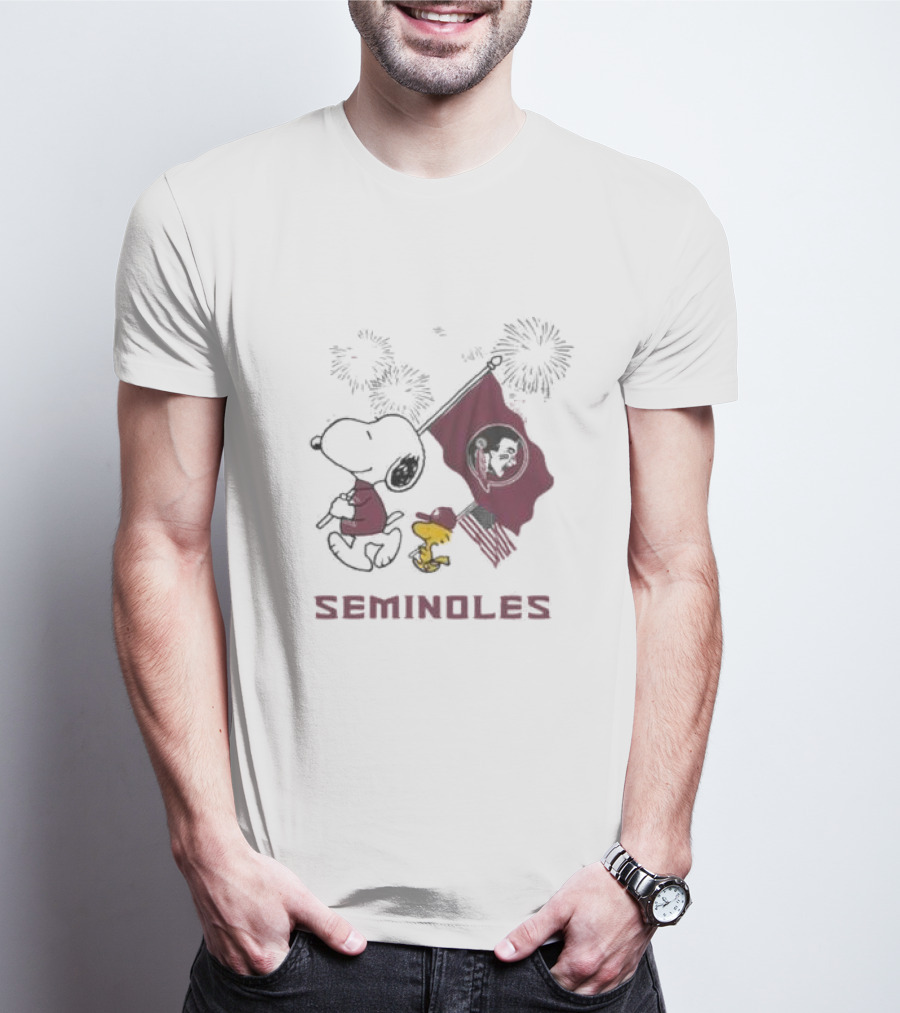 Snoopy Woodstock Holding Florida State Seminoles Flag Happy 4th Of July T-Shirt