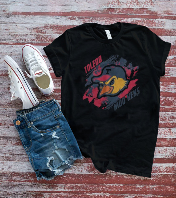 Toledo Mud Hens Baseball Team Logo With Bold Red And Blue Brushstroke Background T-Shirt