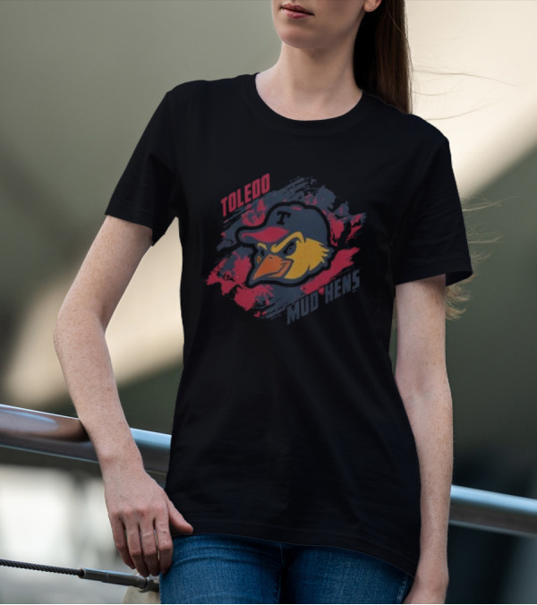 Toledo Mud Hens Baseball Team Logo With Bold Red And Blue Brushstroke Background T-Shirt