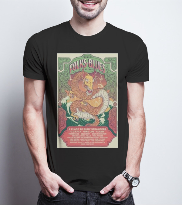 Binic Folks Blues Festival 2024 Dragon Artwork With A Place To Bury Strangers And More July 26-28 T-Shirt