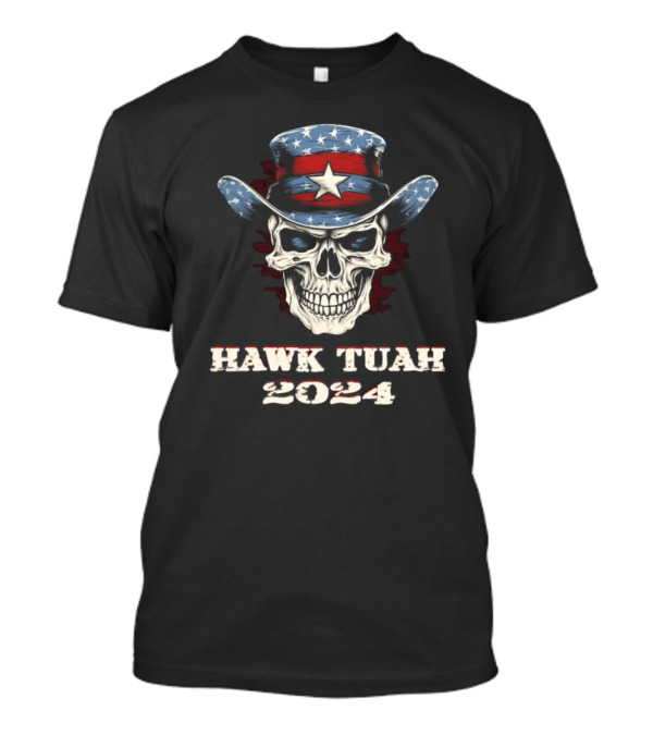 Hawk Tuah 2024 Skull With American Flag Cowboy Hat T-Shirt