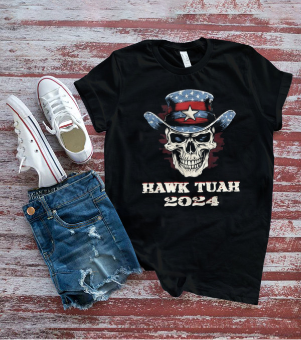 Hawk Tuah 2024 Skull With American Flag Cowboy Hat T-Shirt