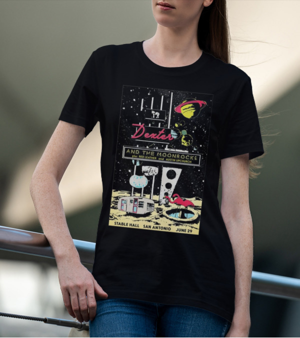 Dexter And The Moonrocks Plus Red Leather Austin Upchurch Stable Hall San Antonio June 29 2024 Space Flamingos Planets T-Shirt
