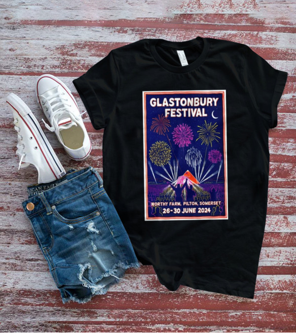 Glastonbury Festival Worthy Farm Pilton Somerset June 26-30 2024 Fireworks And Tent T-Shirt