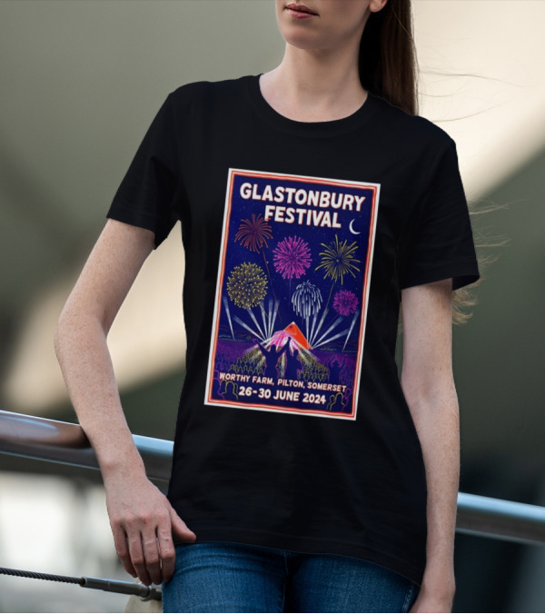 Glastonbury Festival Worthy Farm Pilton Somerset June 26-30 2024 Fireworks And Tent T-Shirt