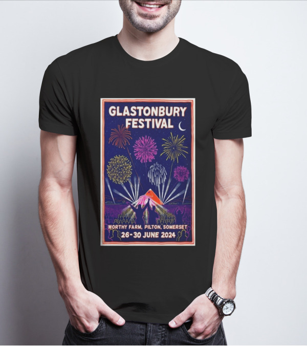 Glastonbury Festival Worthy Farm Pilton Somerset June 26-30 2024 Fireworks And Tent T-Shirt