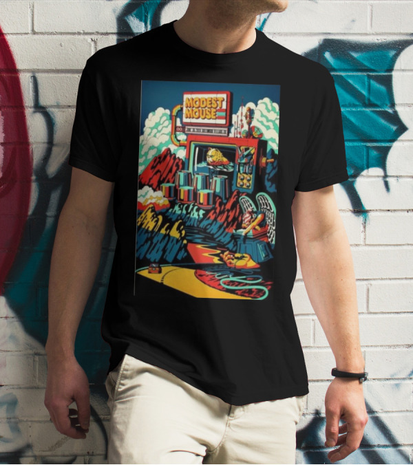 Modest Mouse Jun 30 2024 Greenwood Village CO Psychedelic Mountain Landscape With Winged Creature T-Shirt